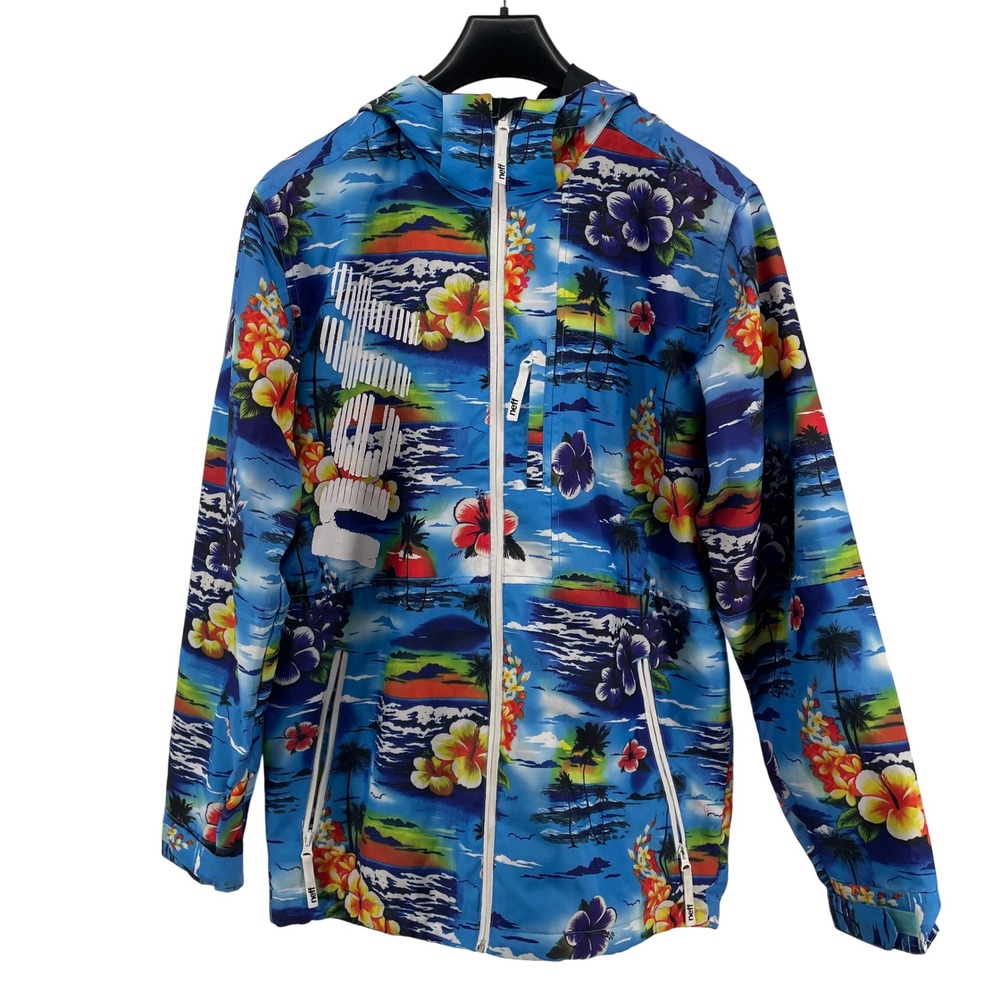 Neff Outerwear Jacket Men Small Blue Tropical‎ Hawaiian Floral Snowboard Hooded